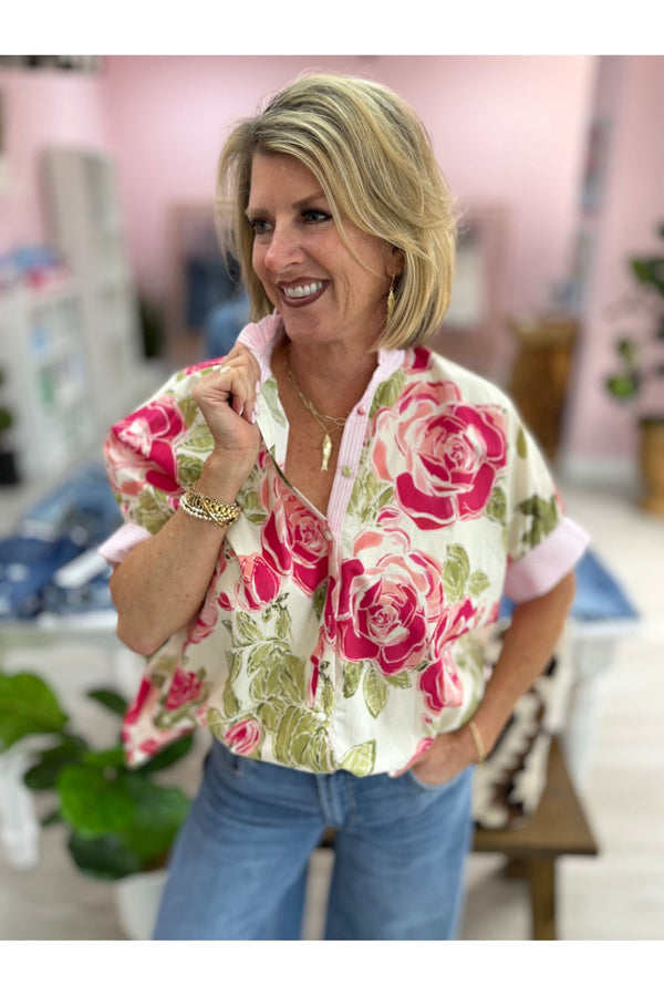 Pink Striped & Floral Pattern Blouse