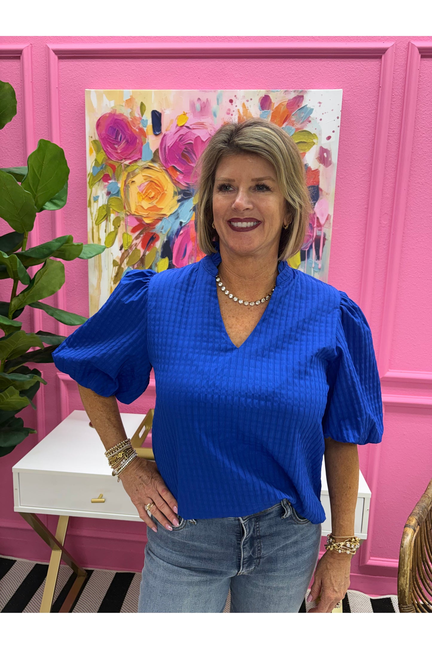 Puff Sleeve Ruffled Neck Textured Fabric Top