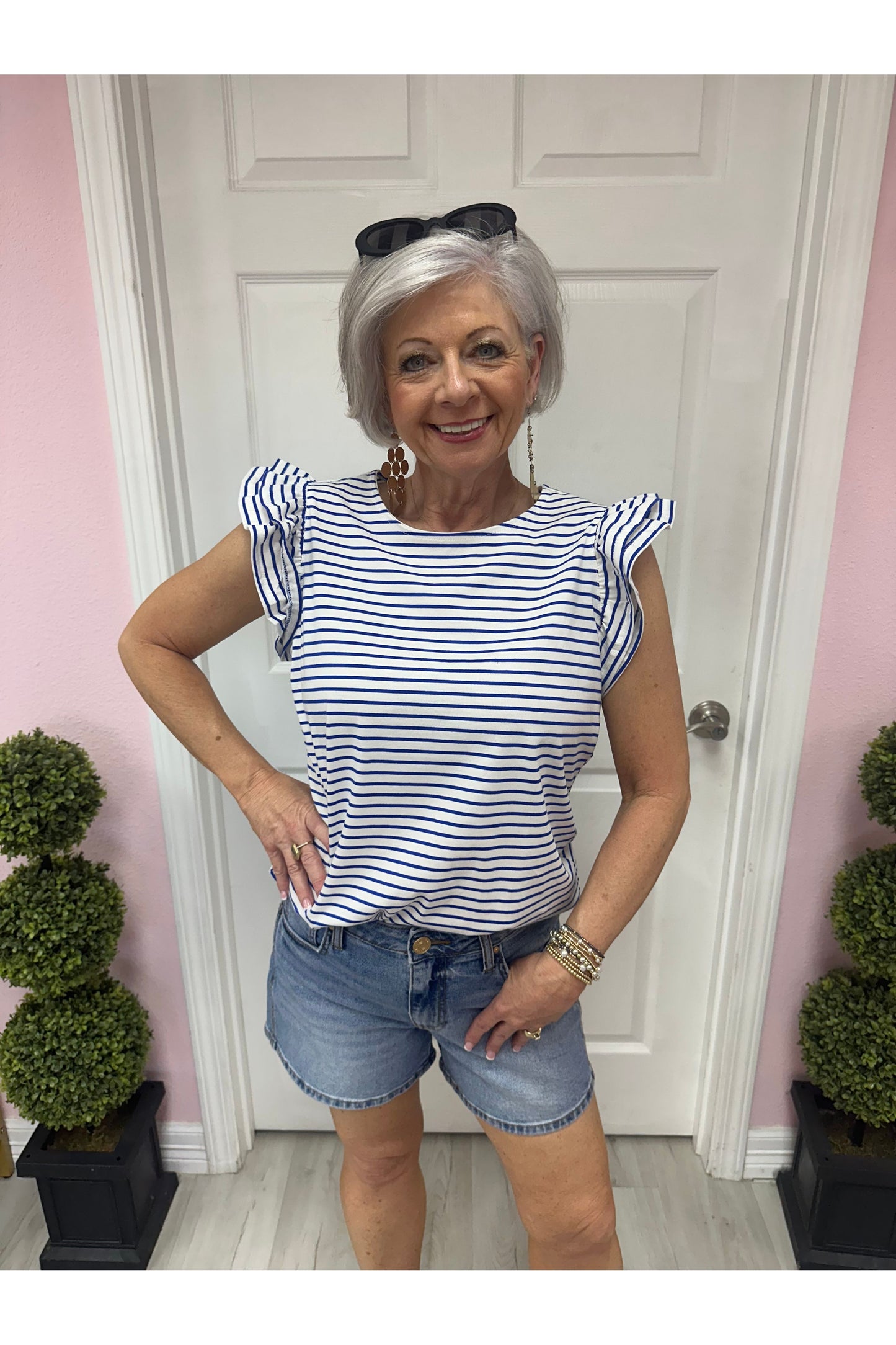 Double Flutter Sleeve Crew Neck