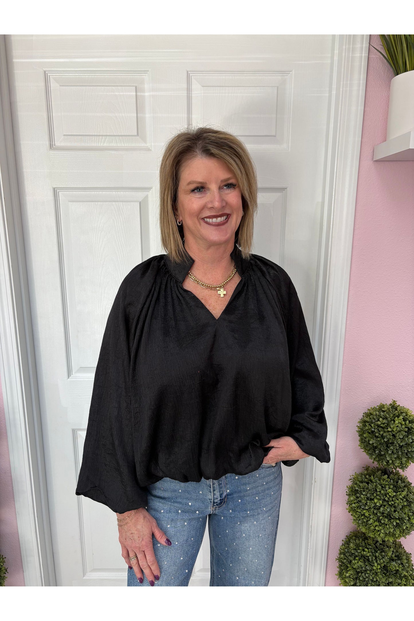 Black Elastic Waist Blouse