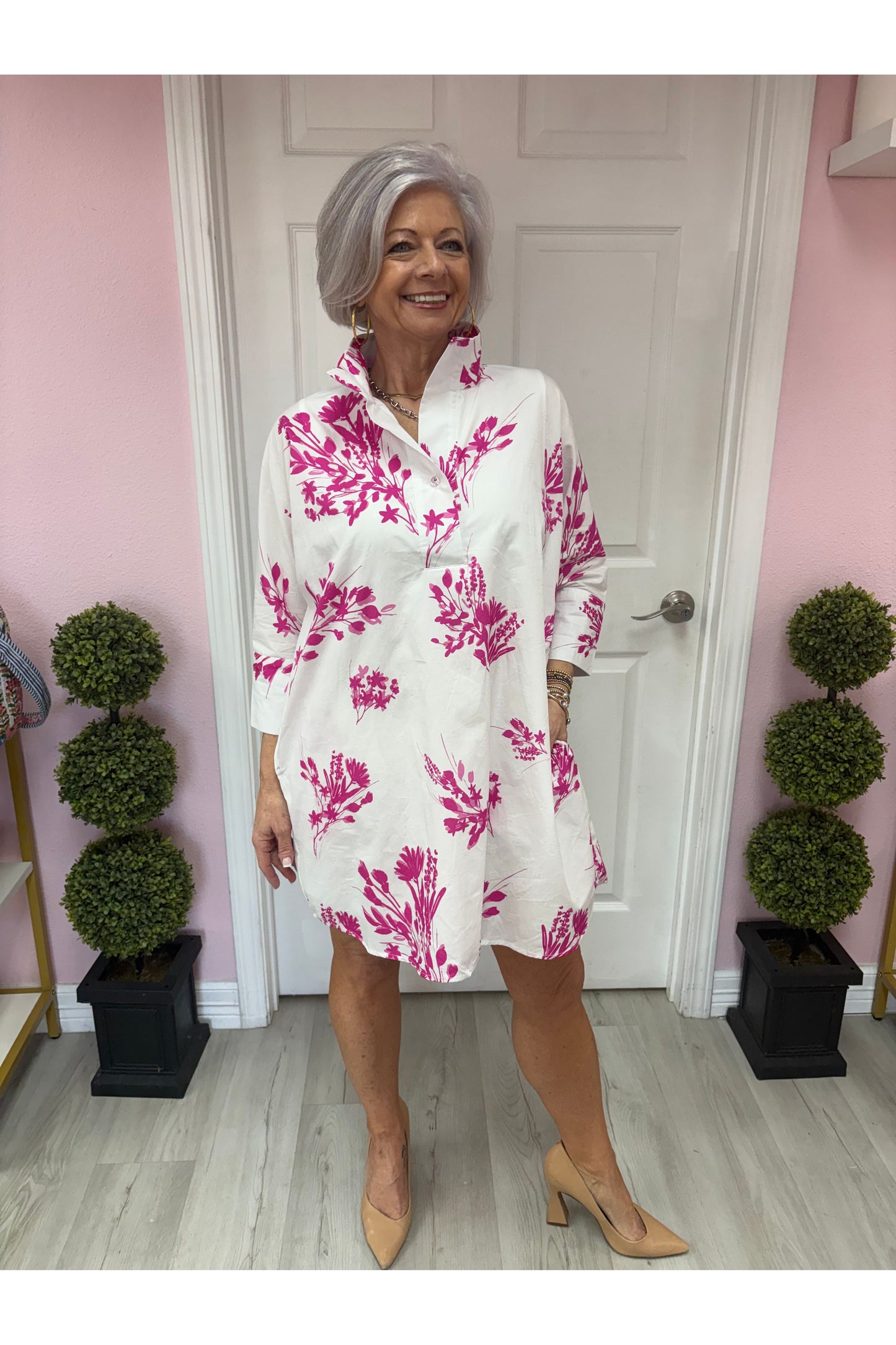 Isla Solid Mini  Dress with Pink Floral Pattern