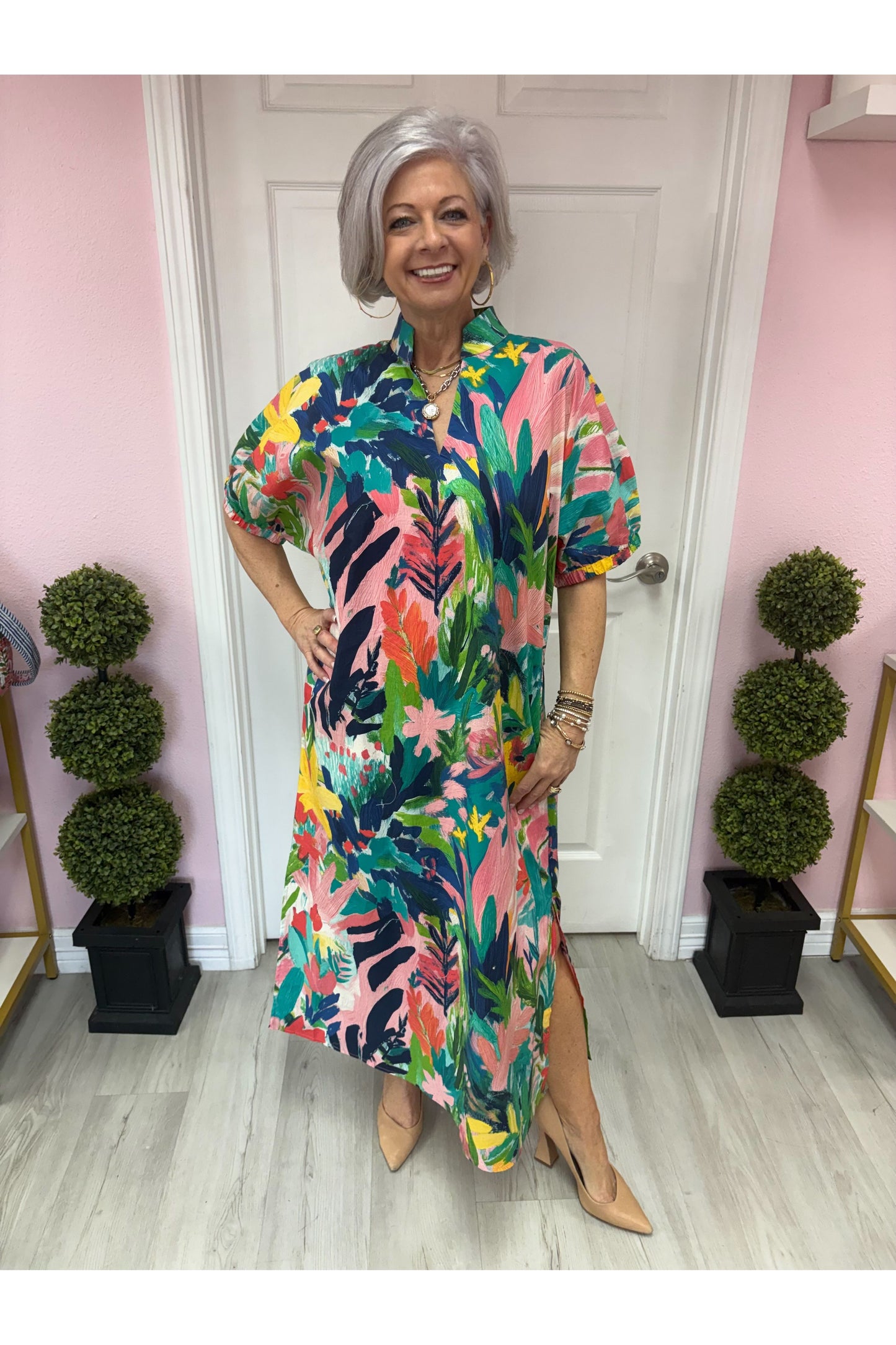 Coral Combo Short Sleeve Midi Dress