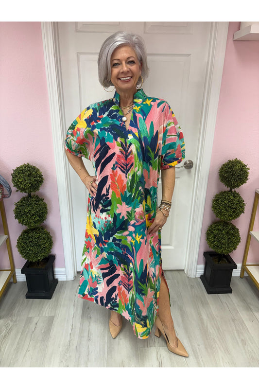 Coral Combo Short Sleeve Midi Dress