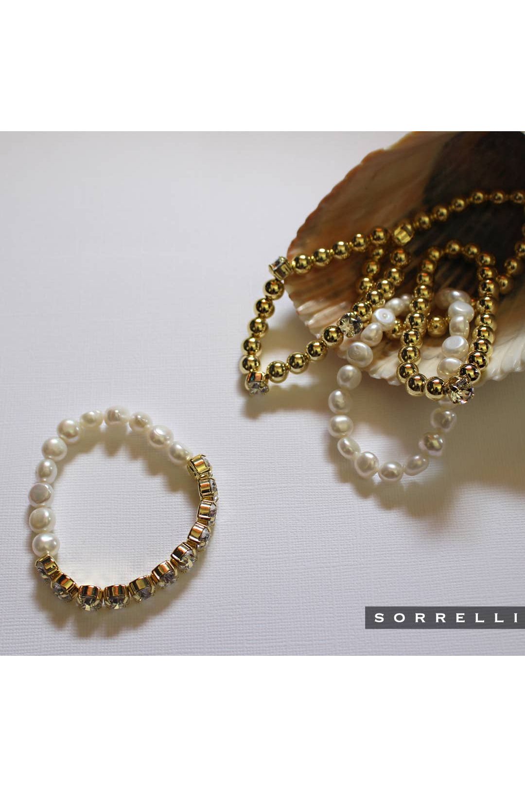 Clear Crystal & 10K Gold Plated Beaded Stretch Bracelet 7in