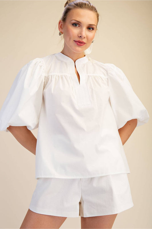 China Collar V-Neck Bubble Sleeve Poplin Top