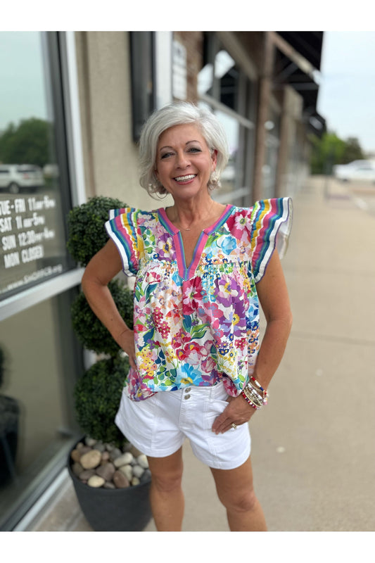 Bright Floral Ruffle Sleeve Blouse