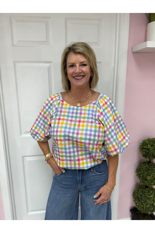 Pastels & Plaid Puff Sleeve Top