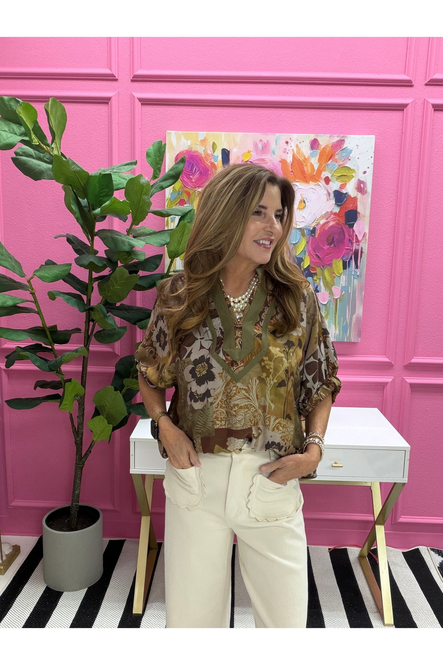 Christi Abstract Print Balloon Sleeve Top