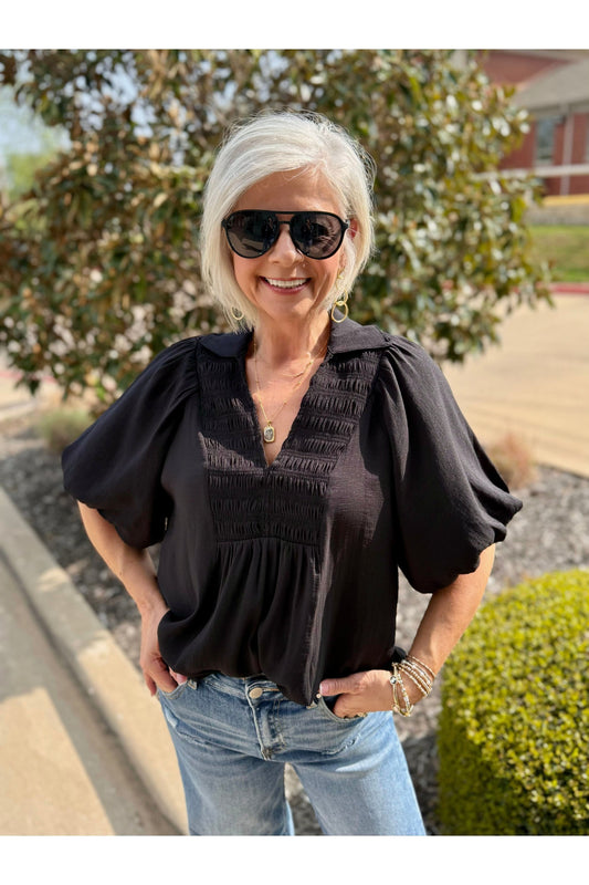 Pleated Front Vneck Collared Blouse