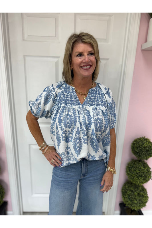 Annie Blue Patterned Smocked Blouse