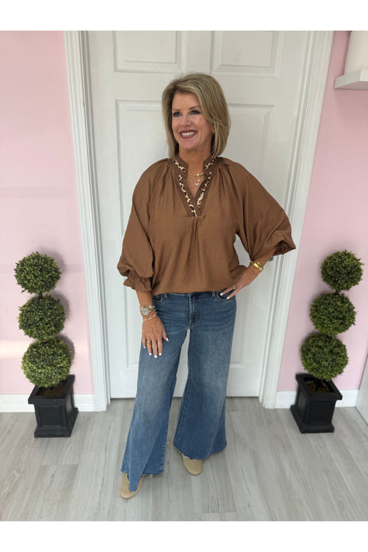Leopard Trim V-Neck Blouse