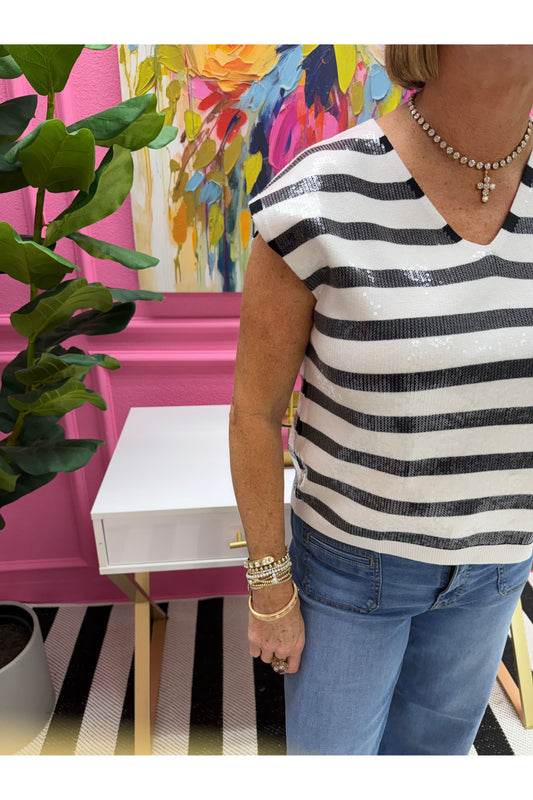 Mel Drop Shoulder Stripe Sequin Top