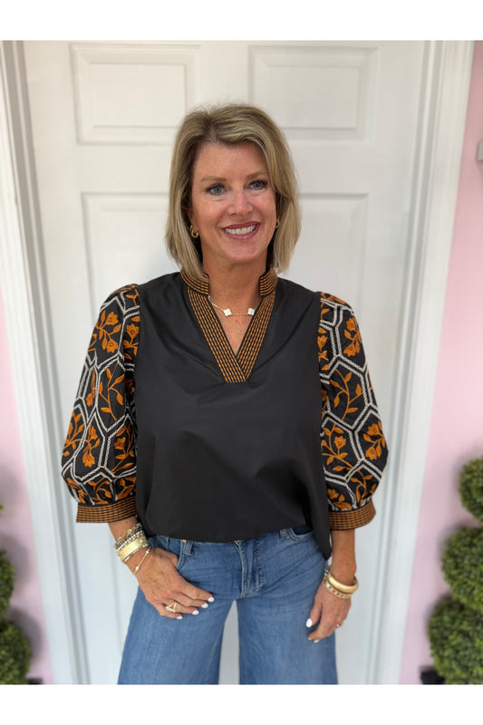 Gina Black Patterned Blouse- pre-order