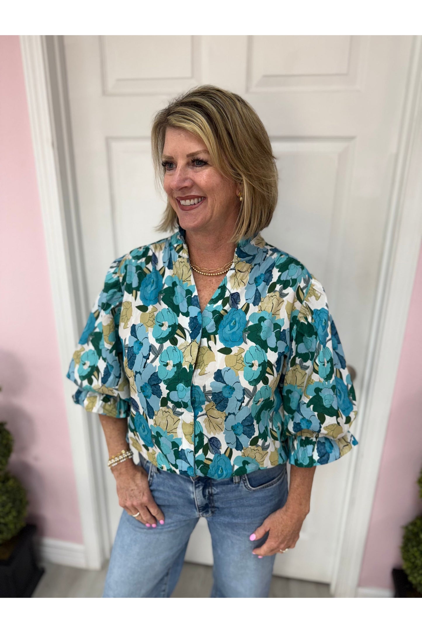 Shades Of Blue Floral Print Blouse