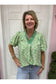 Green Printed Puff Sleeve Ruffle Neck Top