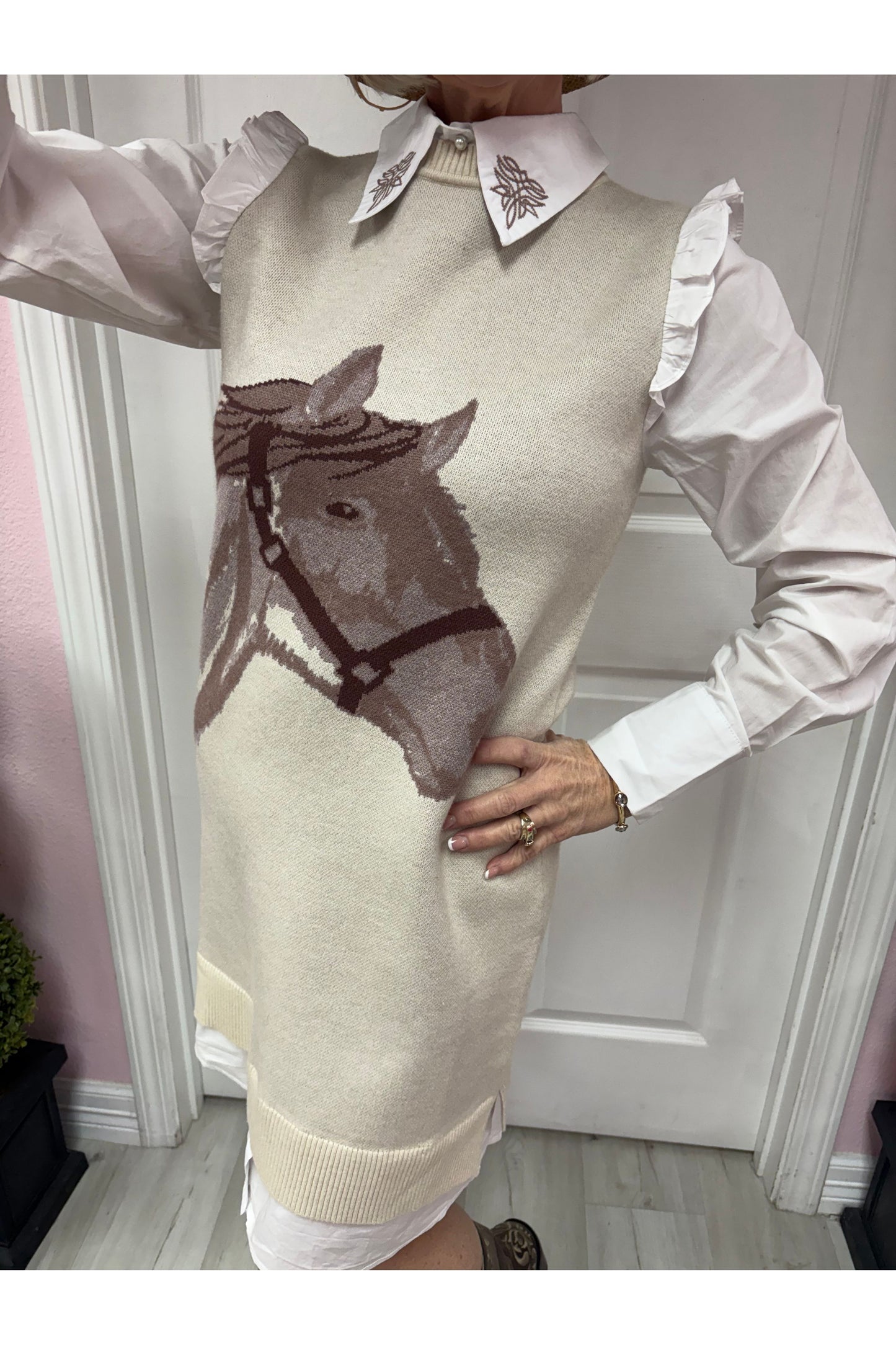 Horse Sweater Dress W/Faux White Ruffled Oxford Dress
