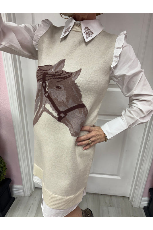 Horse Sweater Dress W/Faux White Ruffled Oxford Dress