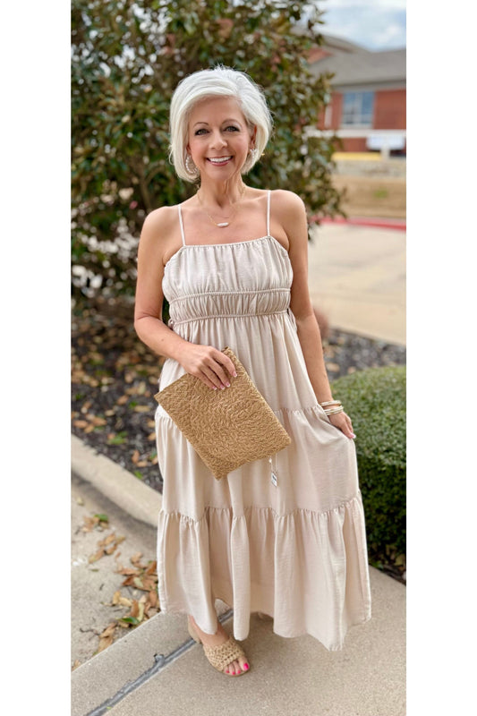 Waist Tie Shirred Midi Dress