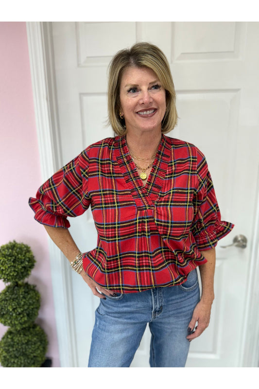 Red Plaid 3/4 Sleeve Blouse