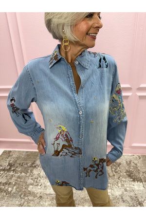 Chambray Cowgirl Embroidered Long Sleeve