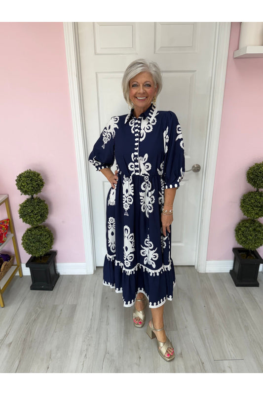 Grier Navy Bold Print Midi Dress