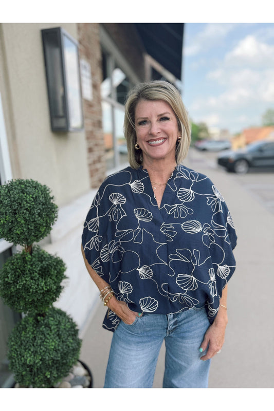 Navy Abstract Floral Embroidery Top