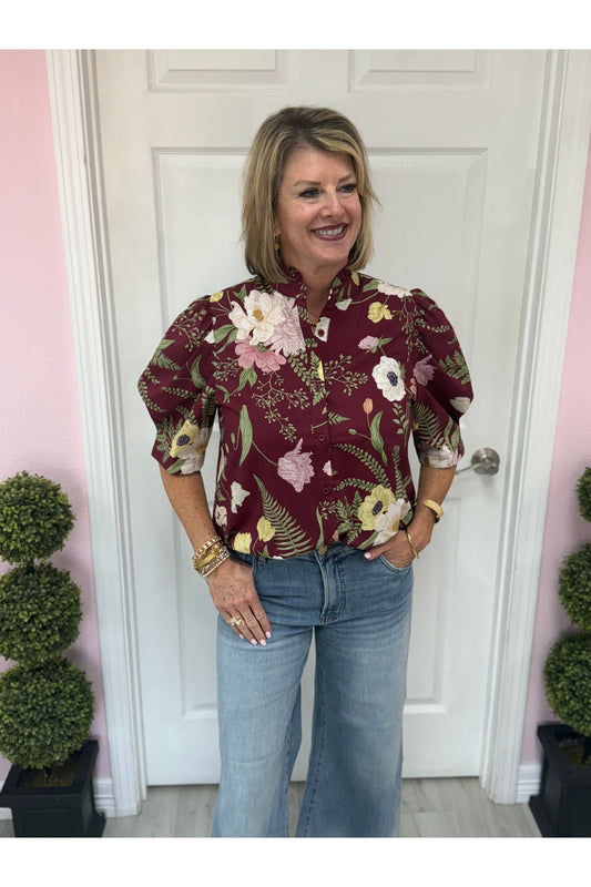 Burgundy Floral Puff Sleeve