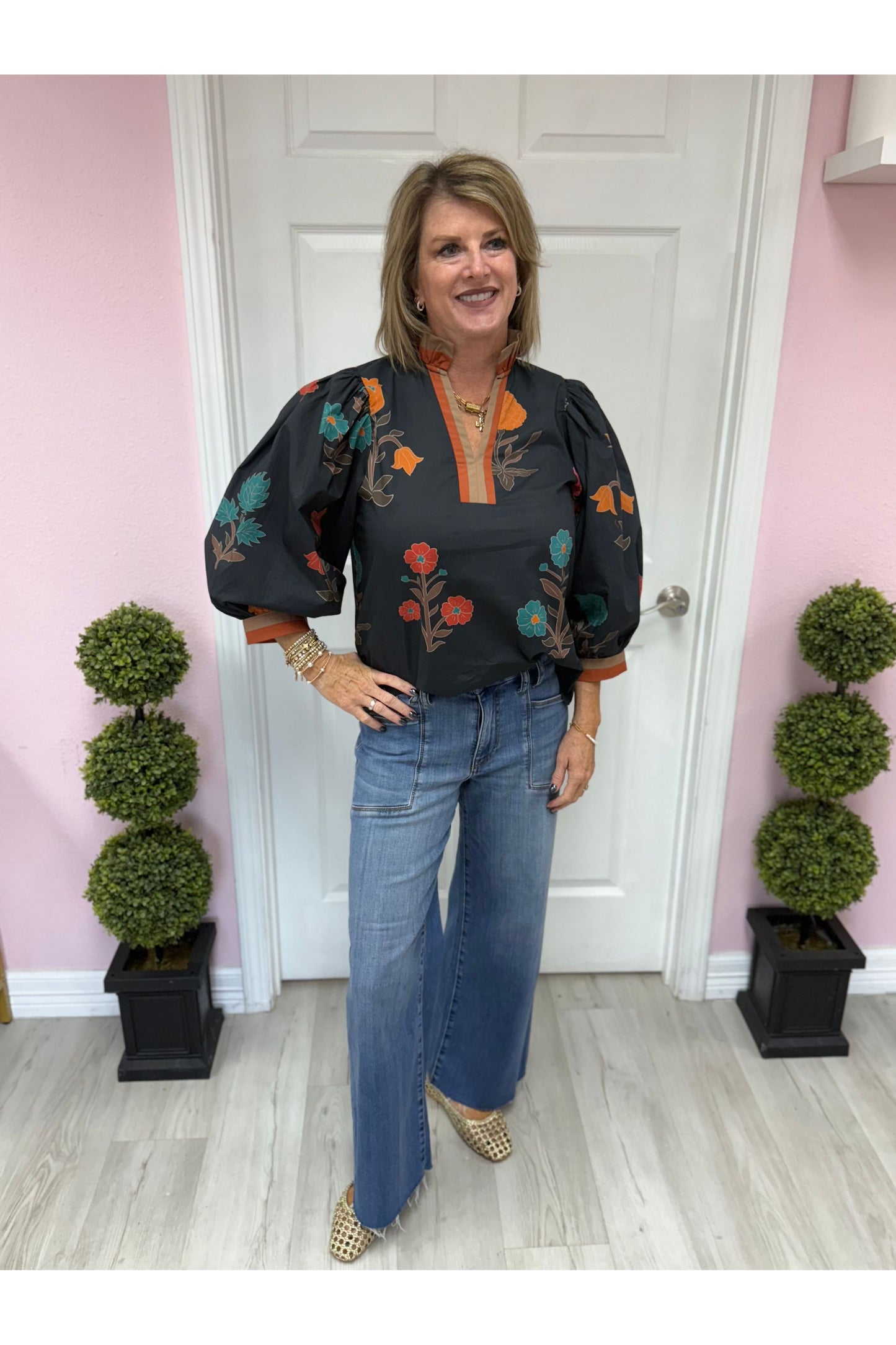 Carla Black Floral Print 3/4 Sleeve Top