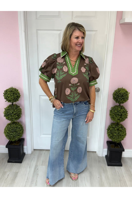 Fall Is Coming Floral W/Contrast Stripe Top