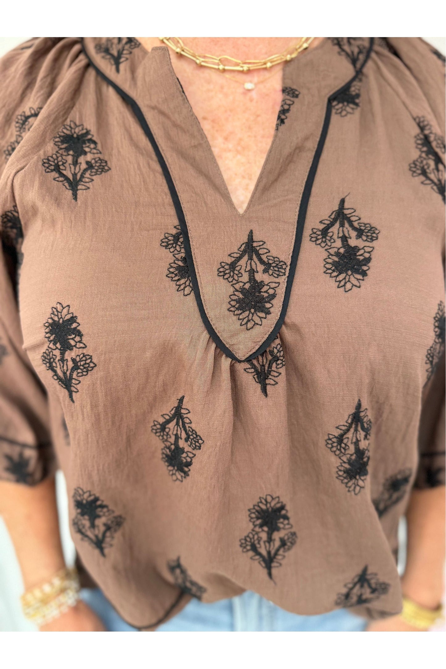 Embroidered Balloon Sleeve Blouse