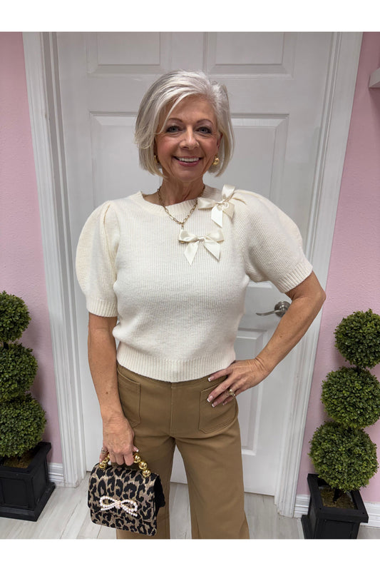 SS Knit Top W/Satin Bow Trim