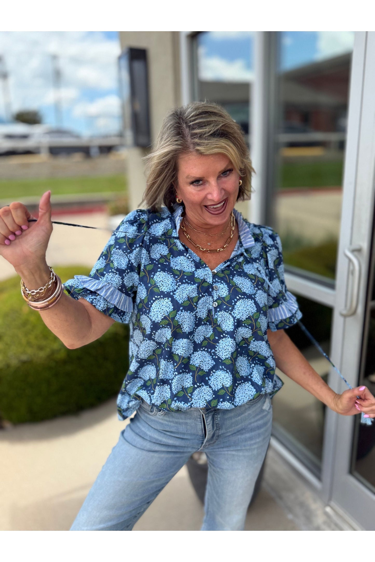 Blue Floral Print S/S Blouse