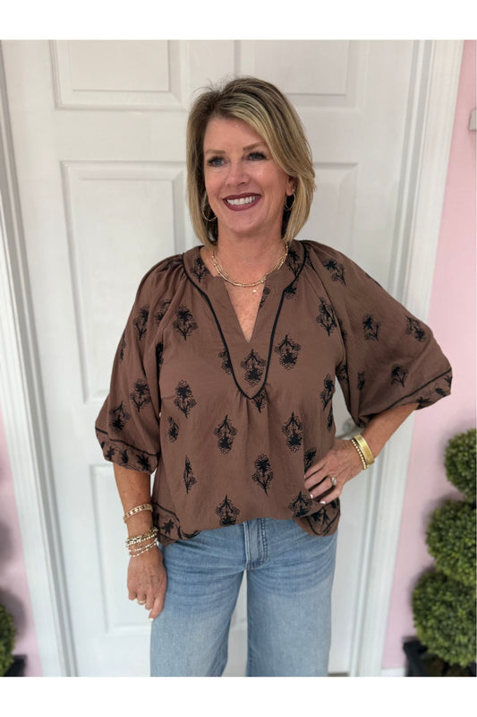 Embroidered Balloon Sleeve Blouse