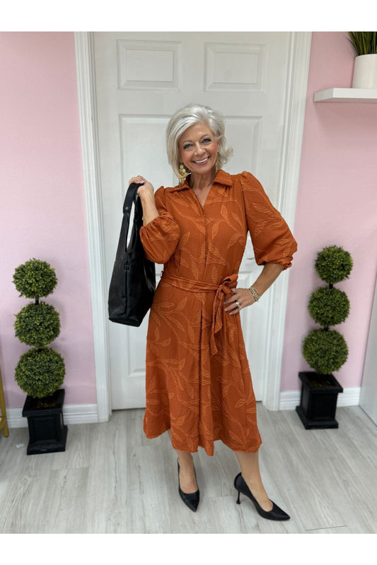 Textured Midi Dress w/Tie Waist