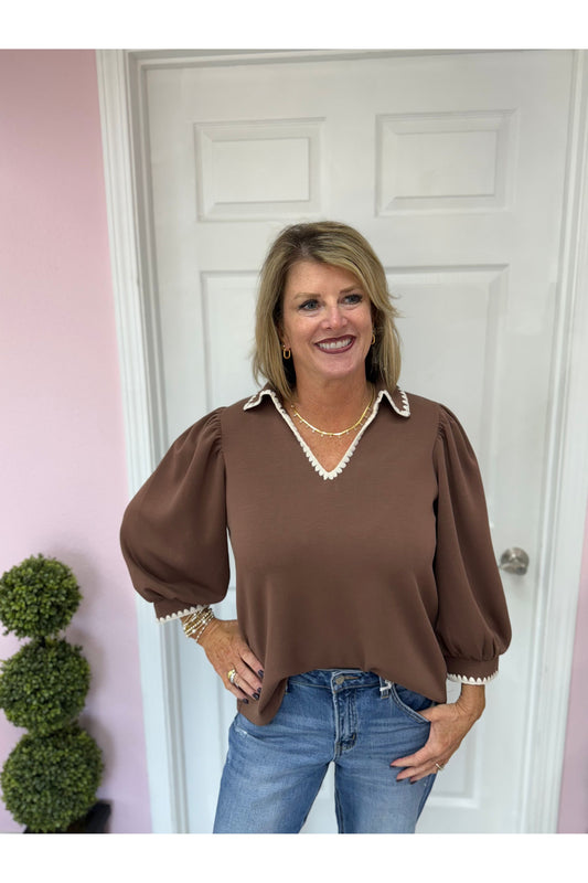 Anna 3/4 Sleeve Scallop Trim Top