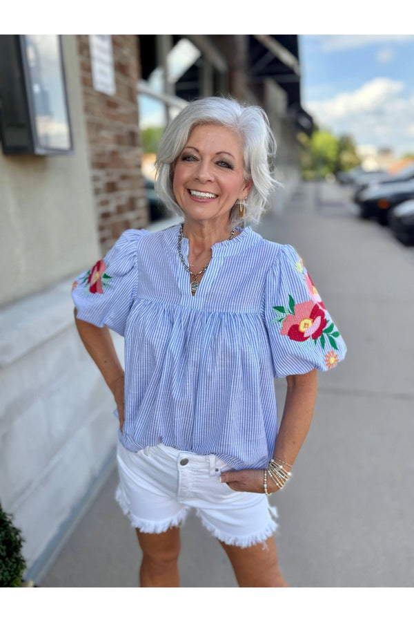 Blue/White Striped Embroidered Blouse