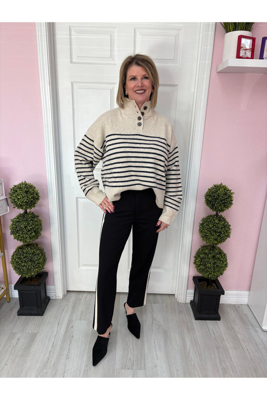 Brushed Striped Half Button Up Sweater