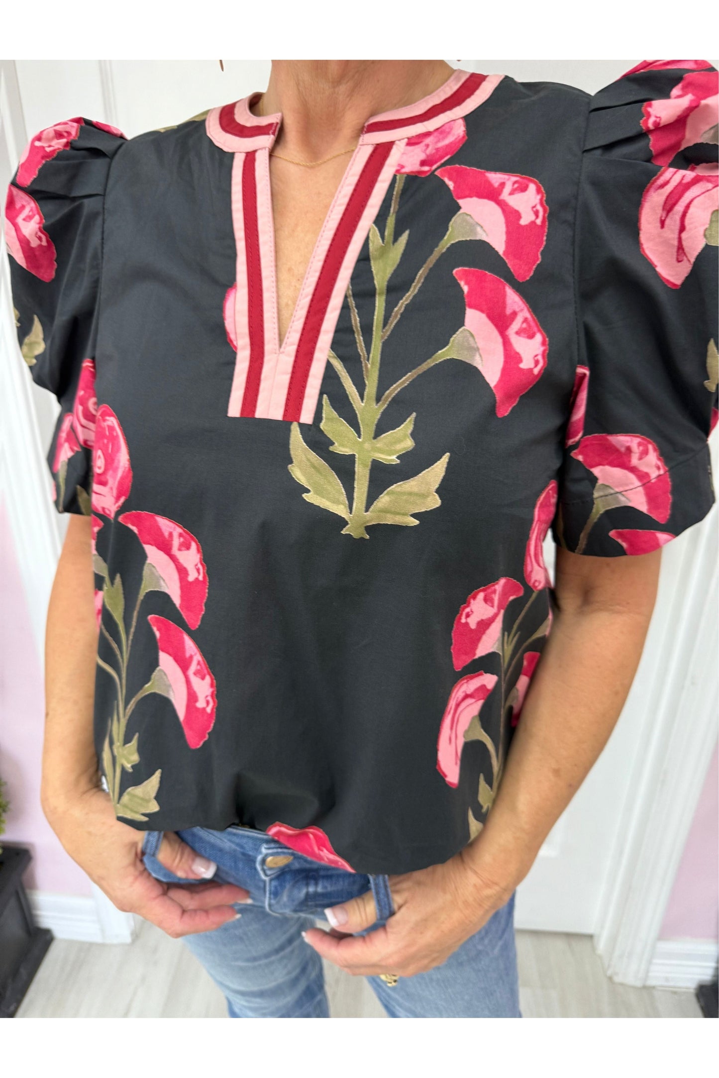 Black Floral Print Puff