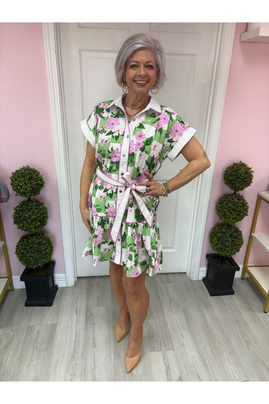 Botanical Print Belted Dress
