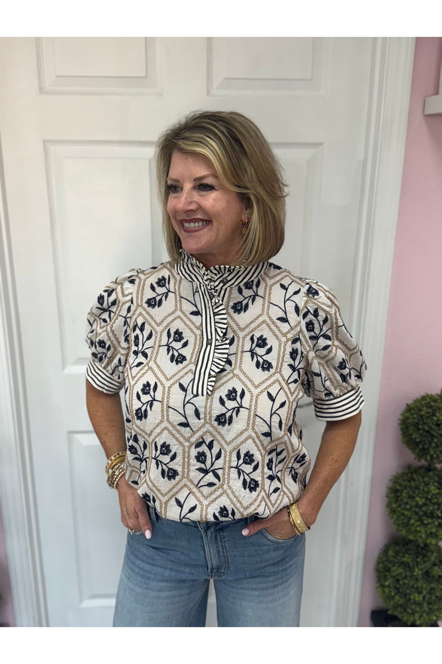 Traci Patterned Contrast Blouse- Pre Order