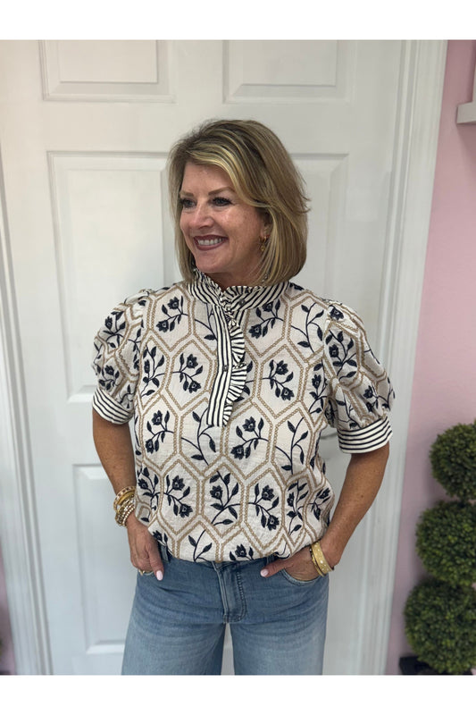 Traci Patterned Contrast Blouse- Pre Order