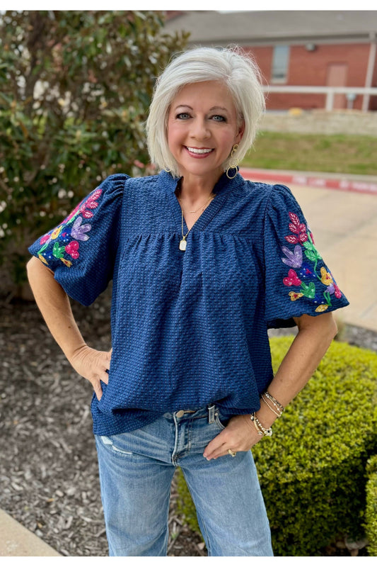 Navy Embroidered Sleeve Blouse
