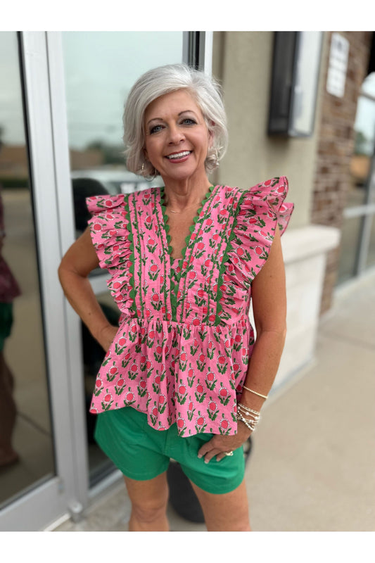 Floral Fun Ruffle Sleeve Blouse