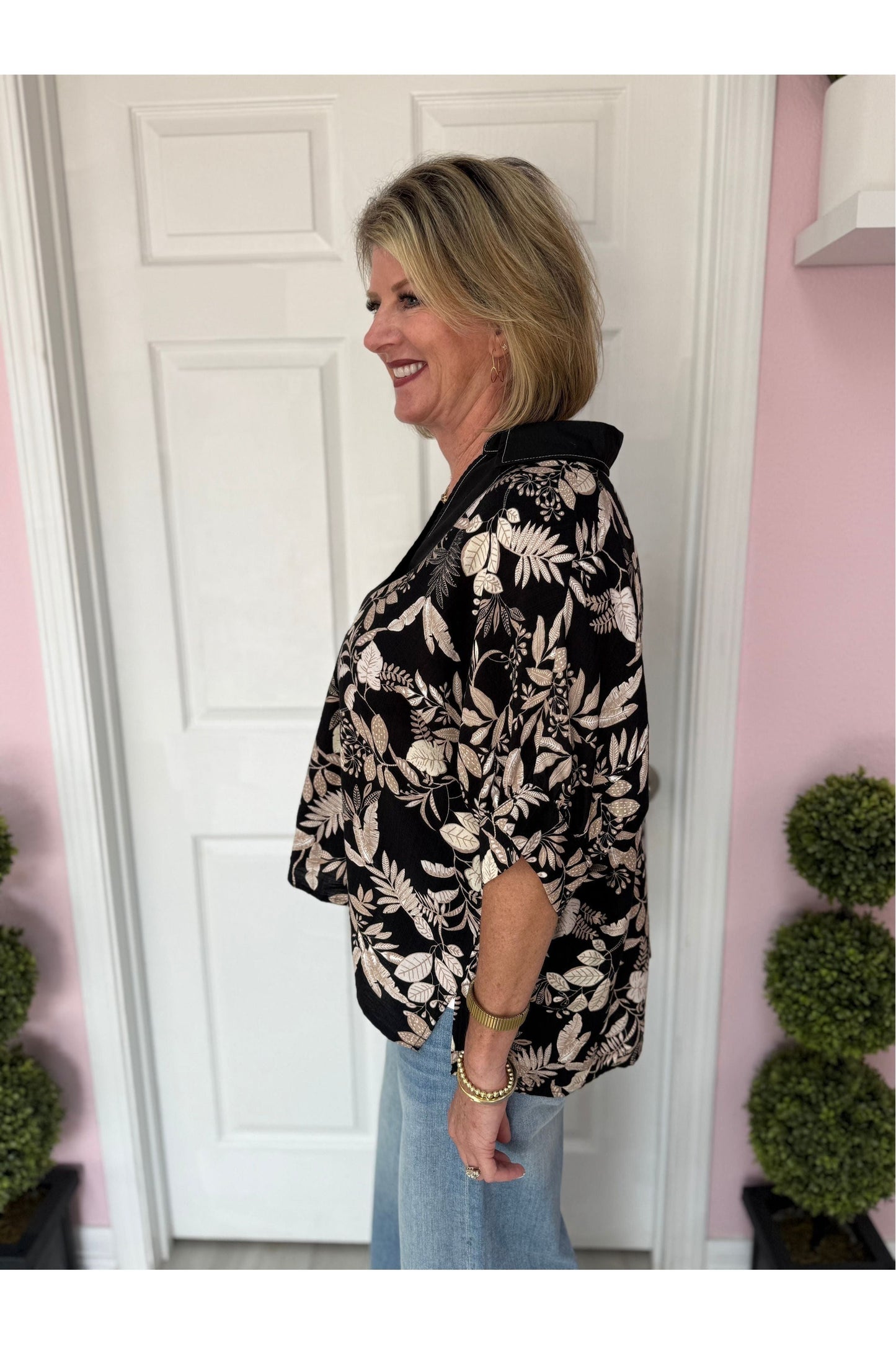 Callie Black/Tan Botanical Print Blouse