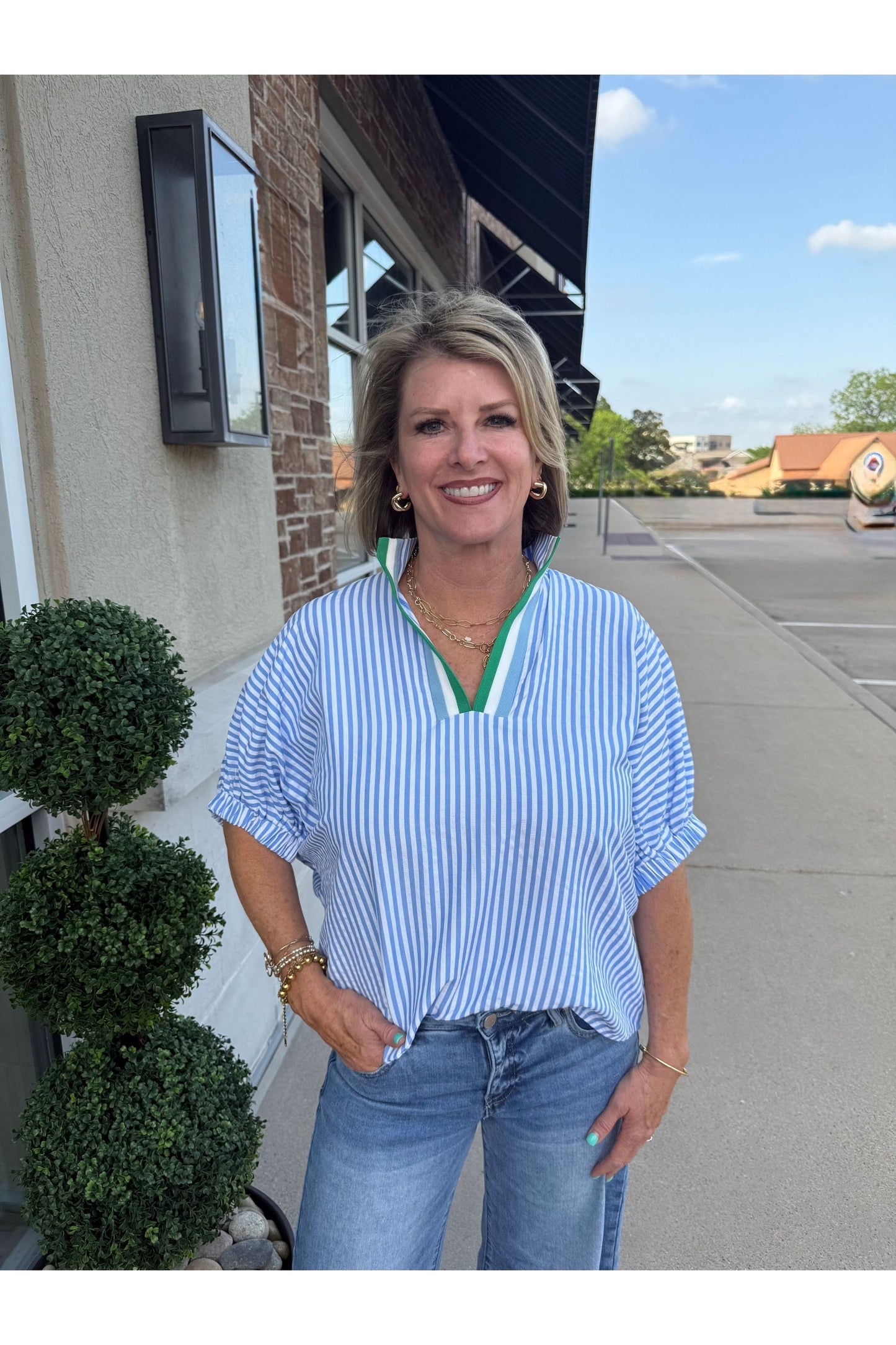 Blue Striped Top W/Contrast Collar