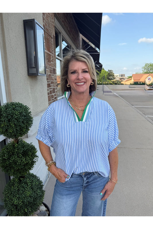 Blue Striped Top W/Contrast Collar