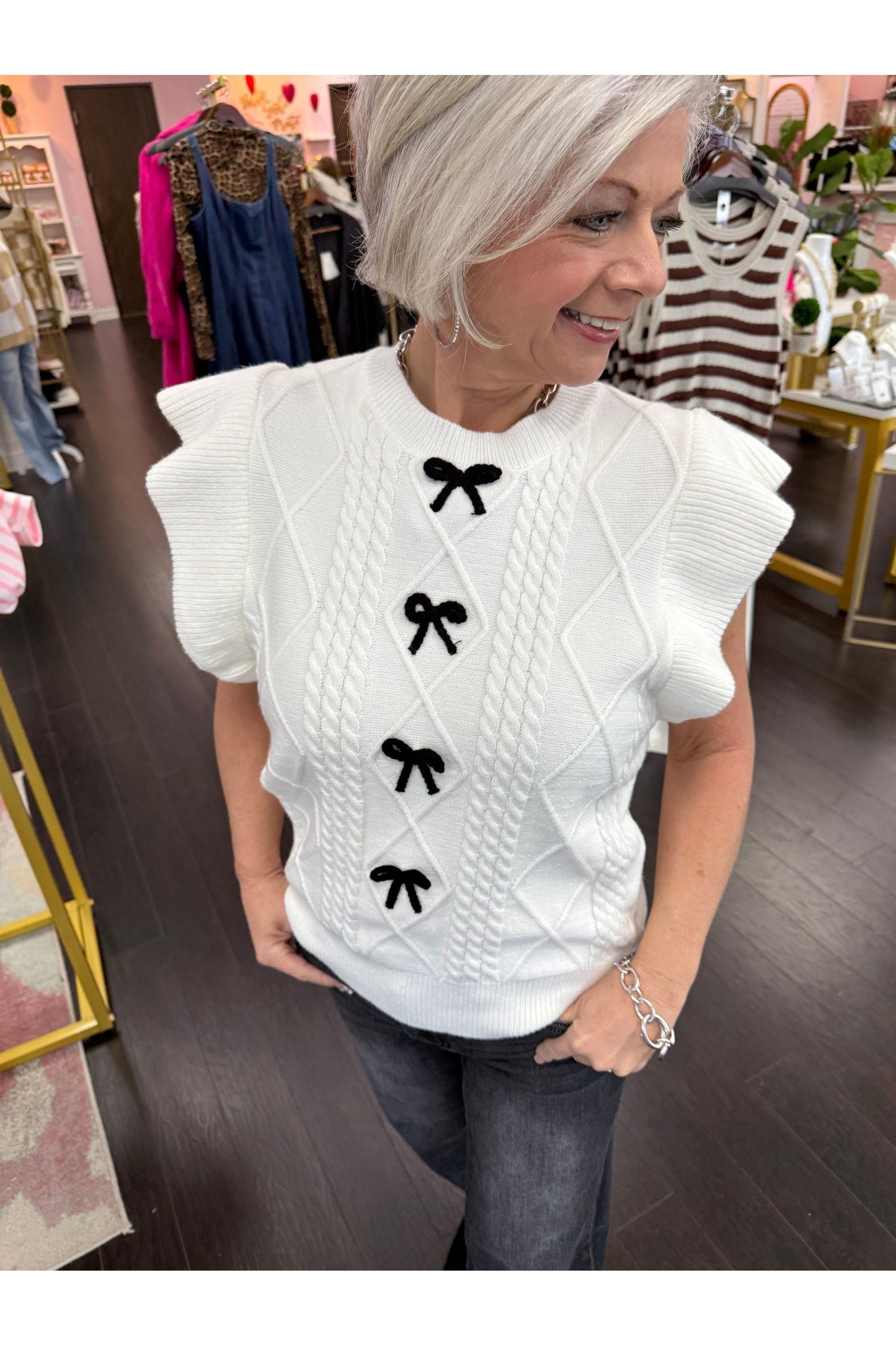 Ruffle Sleeve Sweater Knit Top Ribbon Bow Detail