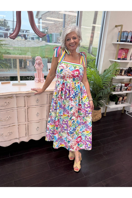 Bright Floral Dress with Conrast Stripe