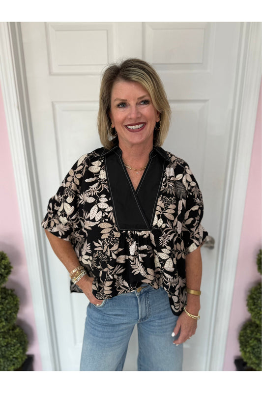 Callie Black/Tan Botanical Print Blouse