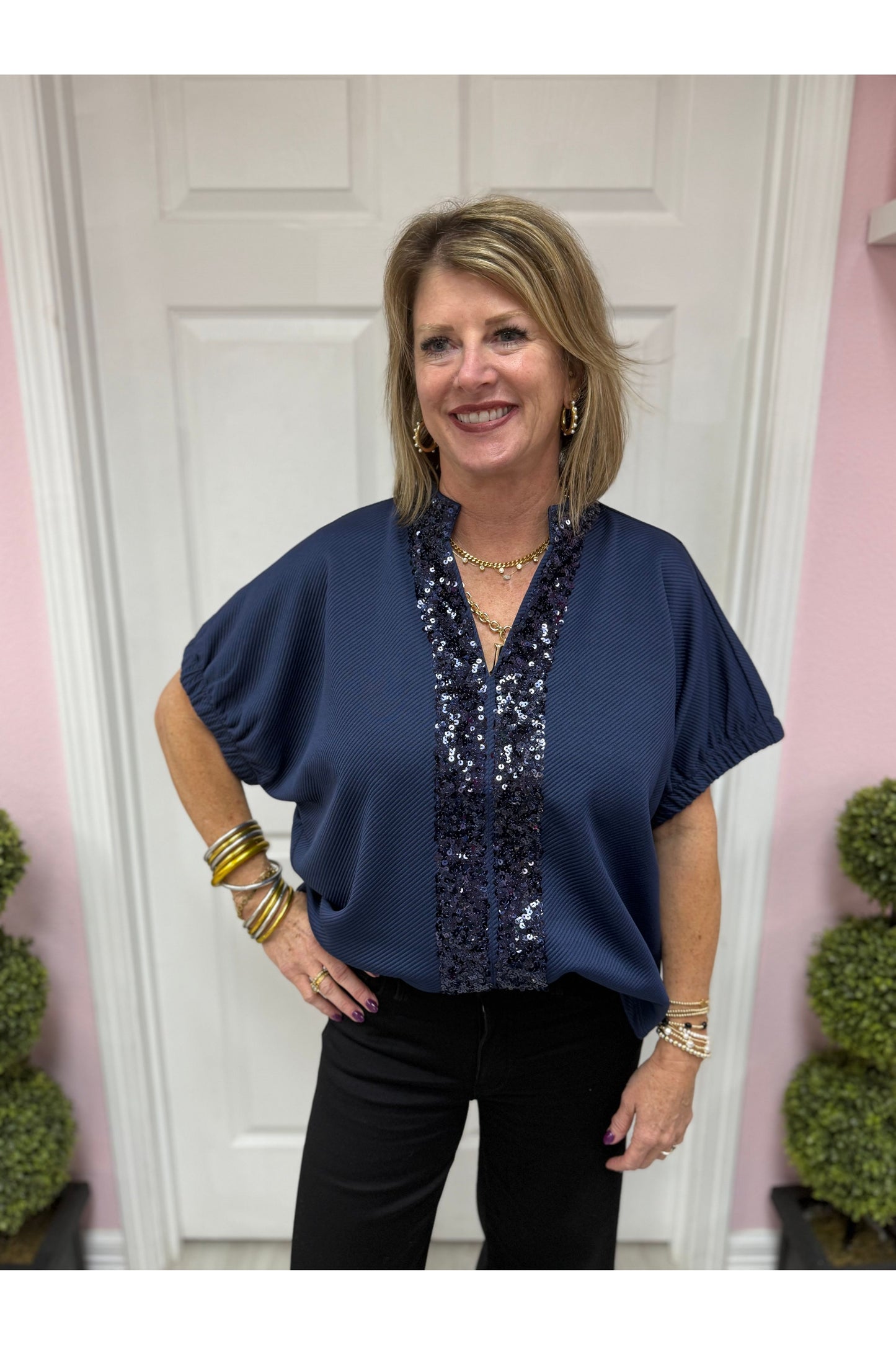 Dani Sequin Dolman Sleeve Blouse